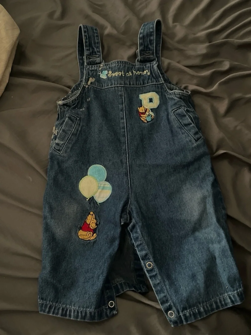 Disney Blue Denim Kids Overalls with Pooh Balloon Patches